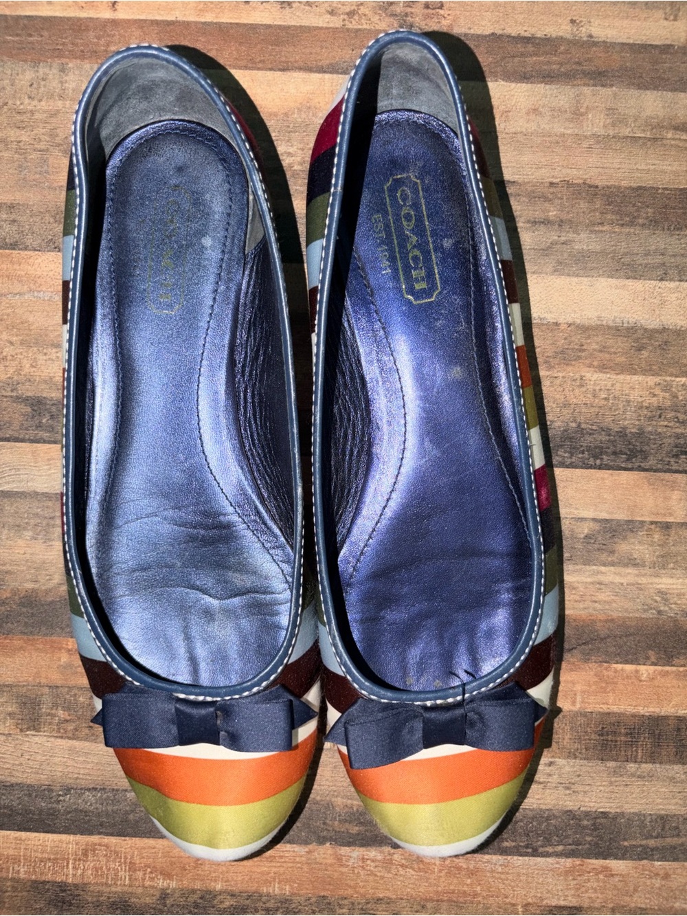 Coach Navy Leather-Trim Striped Ballet Flats with Bow
